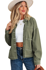 Smoke Green Patched Pocket Collared Button Front Boyfriend Denim Jacket