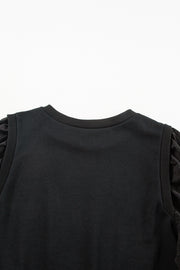 Black Solid Patchwork Sleeve Round Neck Sweatshirt