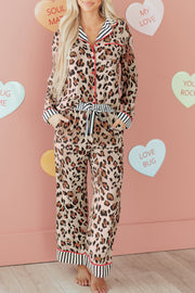 Khaki Leopard Print Colorblock Striped Edge Shirt and Pants Pajama Set