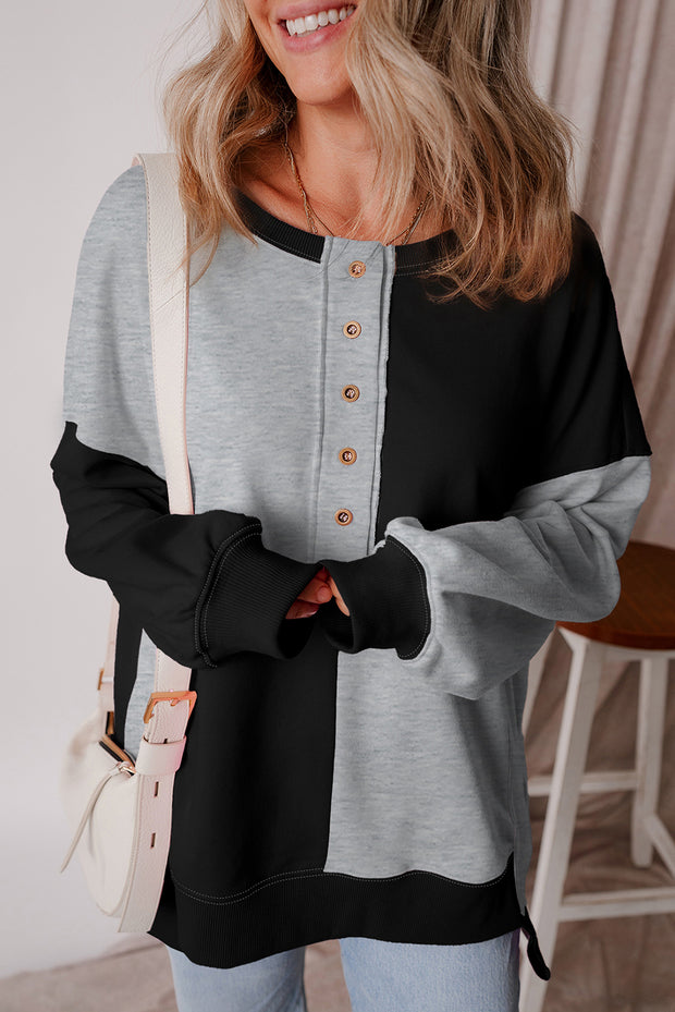 Color black Colorblock Henley High Low Oversize Sweatshirt