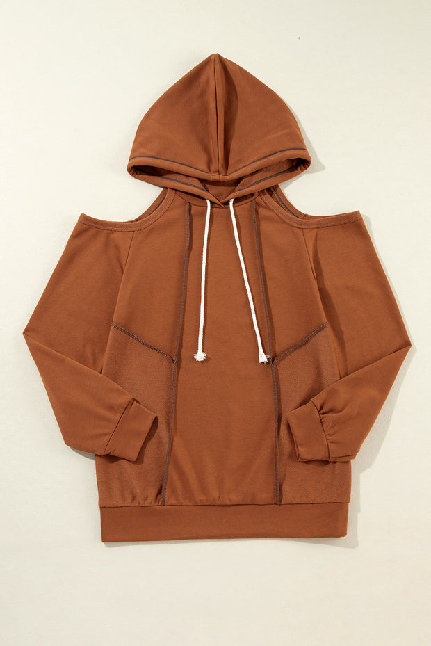 Cinnamon Exposed Seam Cold Shoulder Drawstring Hoodie