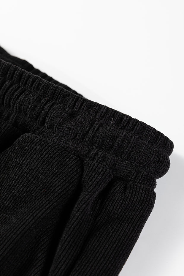 Black Solid Color Textured Knit Drop Shoulder Pullover Drawstring Shorts Set
