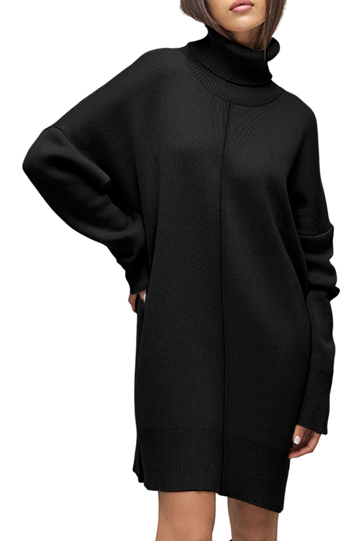 Black Solid Color Turtleneck Drop Shoulder Loose Sweater Dress – Unique Oils
