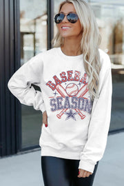 White BASEBALL SEASON Vintage Print Graphic Sweatshirt