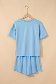 Myosotis V Neck Drop Shoulder Tee and Patchwork Drawstring Shorts Set