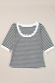 Black Striped Contrast Scallop Trim Half Sleeve T-shirt