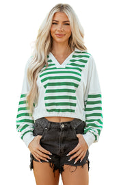 Green Stripe Colorblock Collared V Neck Cropped Knit Pullover