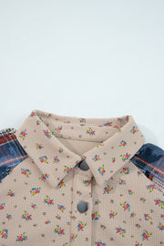 Ashleigh Blue Boho Floral Plaid Patchwork Distressed Detail Ruffled Sleeve Waffle Knit Shacket