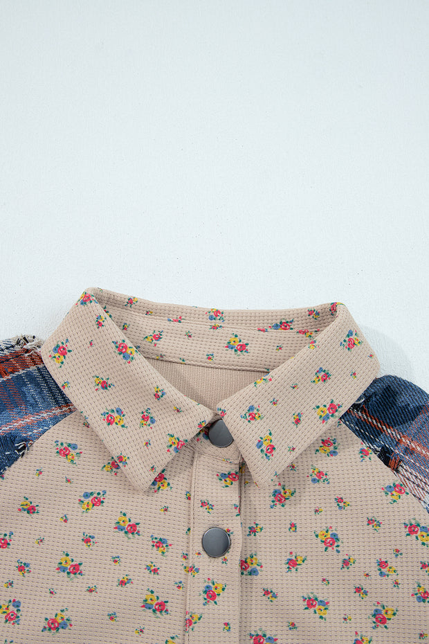 Ashleigh Blue Boho Floral Plaid Patchwork Distressed Detail Ruffled Sleeve Waffle Knit Shacket