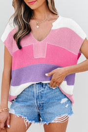 Pink Color Block Notch V Neck Sweater T Shirt