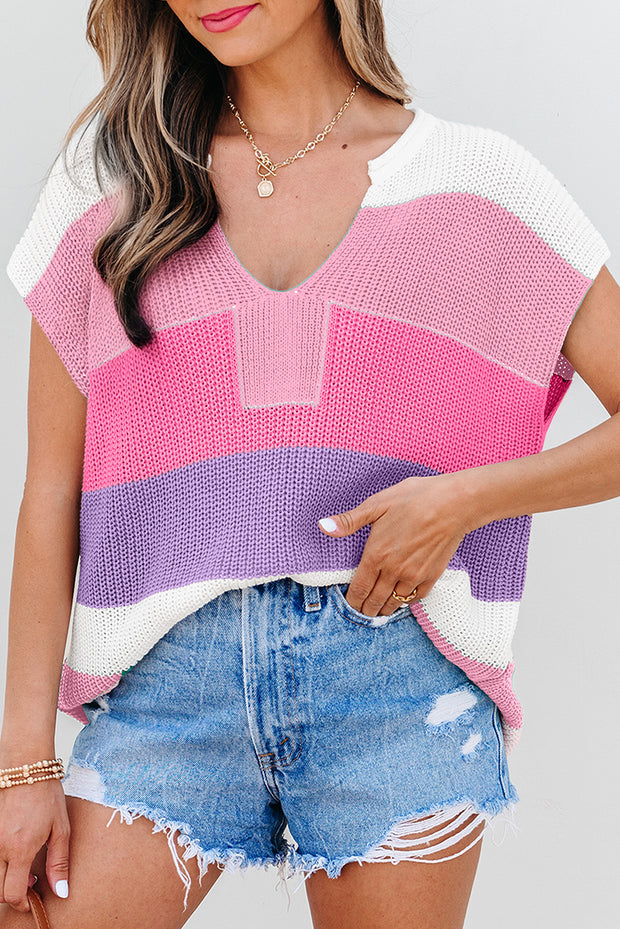 Pink Color Block Notch V Neck Sweater T Shirt