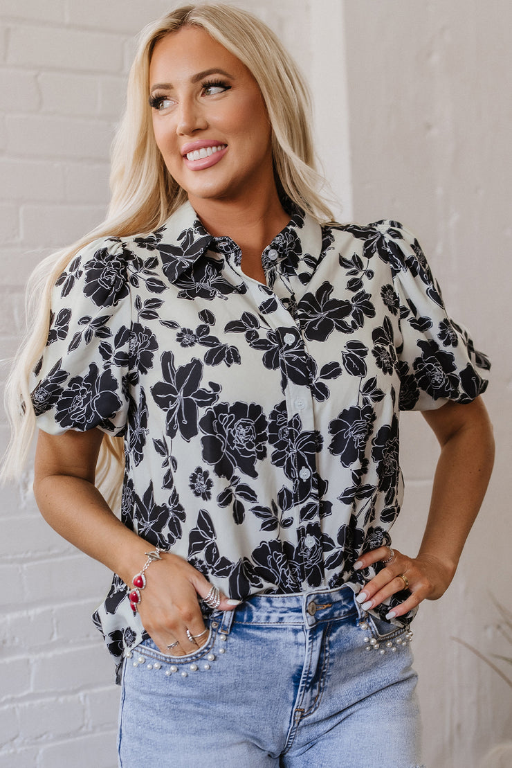 Black Floral Bubble Sleeve Casual Shirt