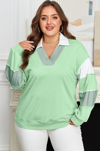 Moonlight Jade Color Block Striped Patchwork Collar V Neck Plus Size Sweatshirt