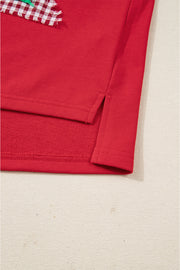 Fiery Red Plaid Frayed Double Christmas Tree Patched Drop Shoulder Sweatshirt