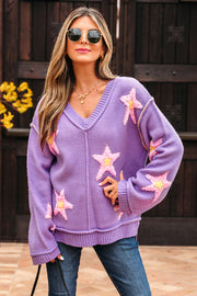 Lavendula Brushed Star Graphic V Neck Drop Shoulder Oversize Sweater