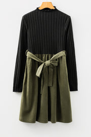 Black Ribbed Knit Slim Bodice Contrast Flared Skirt Patchwork Belted Dress