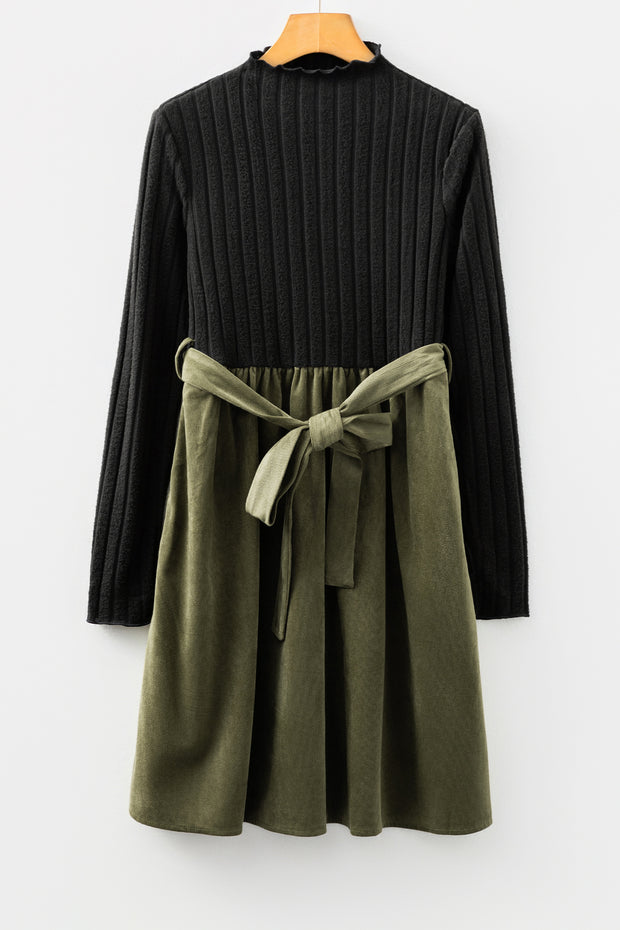 Black Ribbed Knit Slim Bodice Contrast Flared Skirt Patchwork Belted Dress