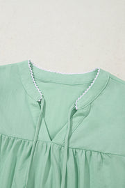 Clearly Aqua Floral Embroidered Puff Sleeve Split Neck Blouse