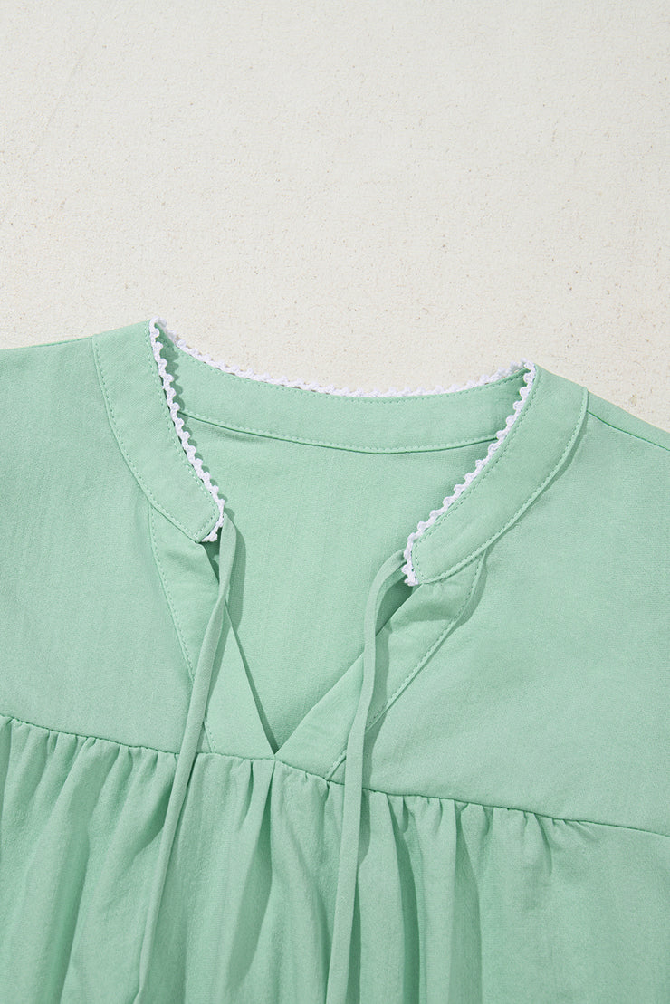 Clearly Aqua Floral Embroidered Puff Sleeve Split Neck Blouse