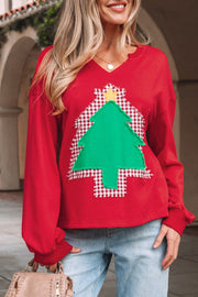 Fiery Red Plaid Frayed Double Christmas Tree Patched Drop Shoulder Sweatshirt