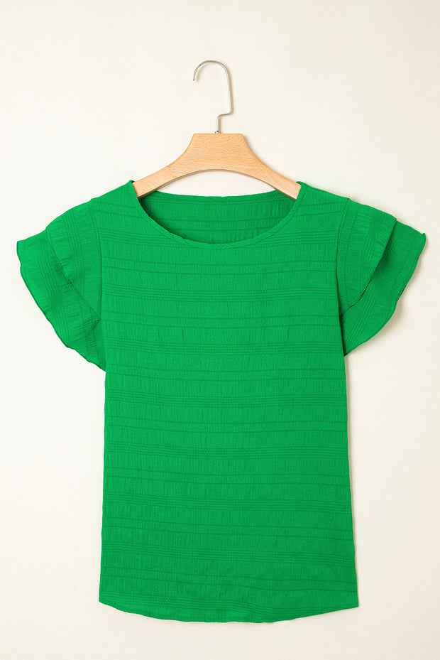 Dark Green Textured Ruffled Sleeve Round Neck Top