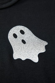 Black Glitter Ghost Pattern Crew Neck Halloween T Shirt