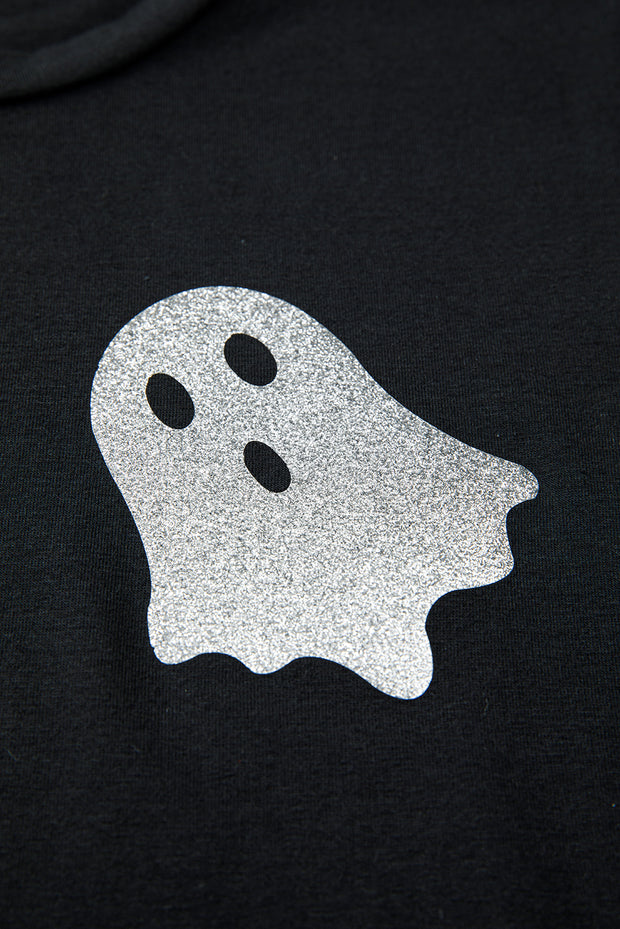 Black Glitter Ghost Pattern Crew Neck Halloween T Shirt