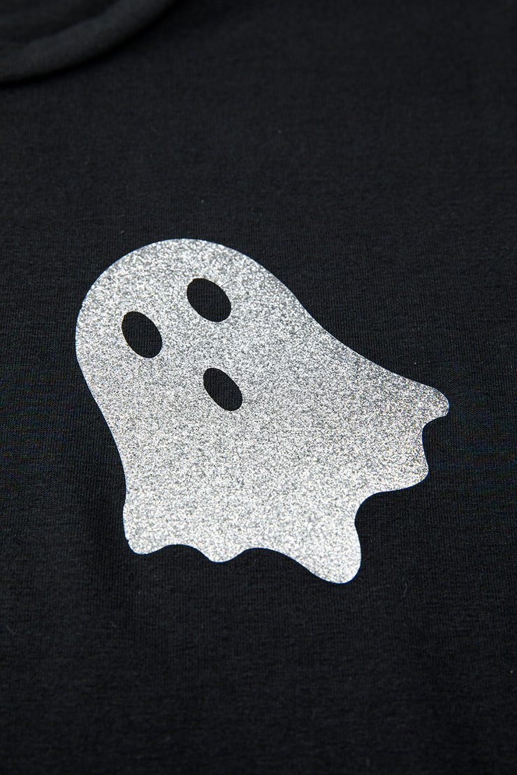 Black Glitter Ghost Pattern Crew Neck Halloween T Shirt