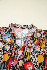 Black Floral 3/4 Puff Sleeve Tied Neck Blouse