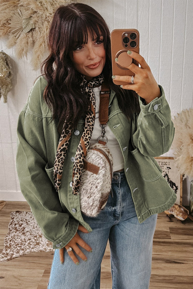 Smoke Green Patched Pocket Collared Button Front Boyfriend Denim Jacket