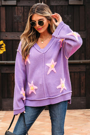 Lavendula Brushed Star Graphic V Neck Drop Shoulder Oversize Sweater