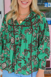 Green Leaves Print Contrast Trim V Neck Shirred Puff Sleeve Blouse