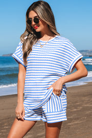 Sky Blue Stripe Knitted Short Sleeve Top and Drawstring Shorts Set