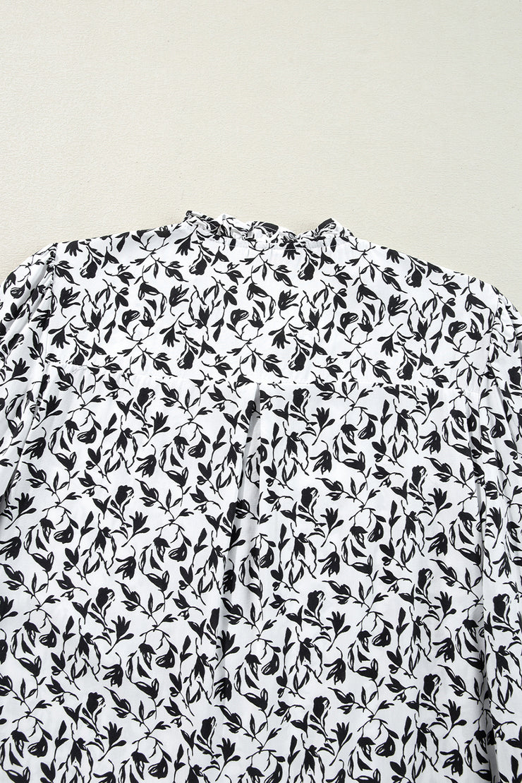 Black Printed Lace Detail Floral Puff Sleeve Fall Shirt