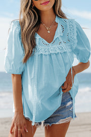 Mist Blue Embroidered Lace Patchwork Tie Neck Puff Short Sleeve Blouse