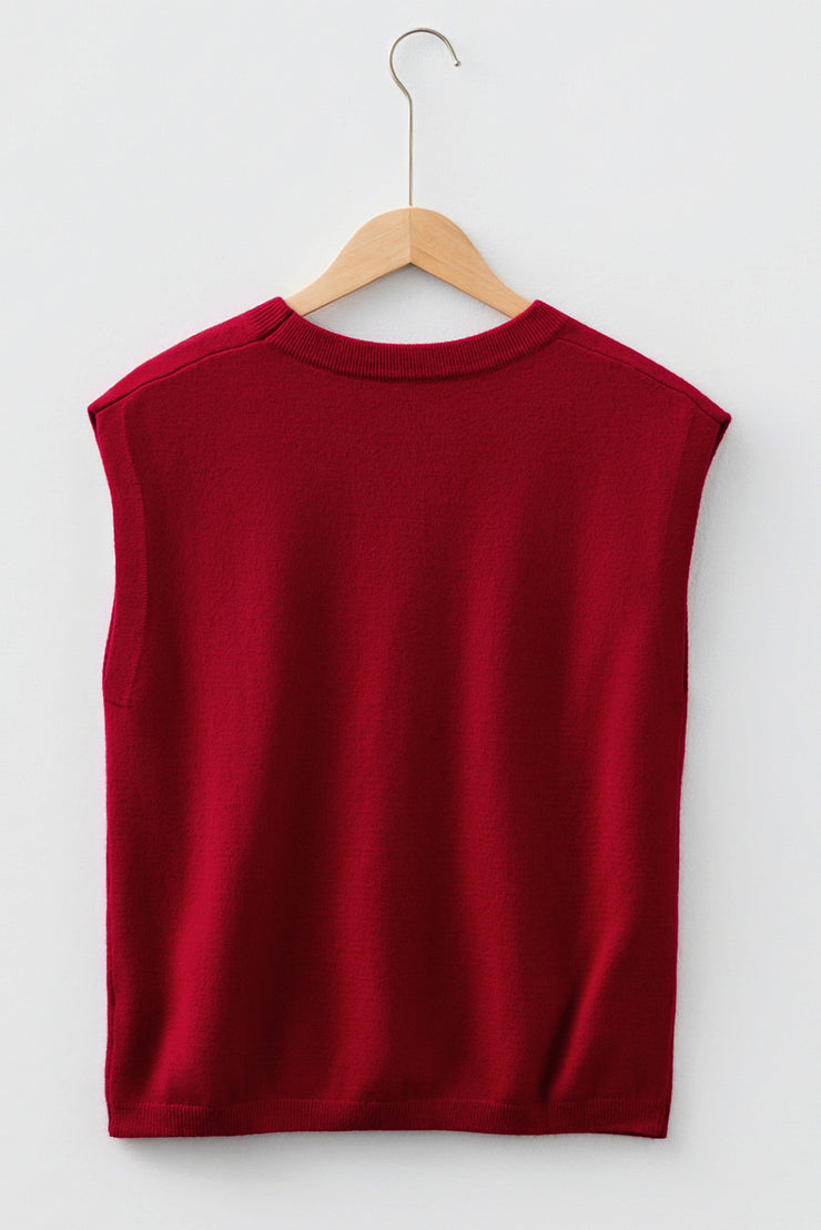 Racing Red Solid Color Crew Neck Knit Cap Sleeve Sweater