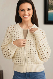 Beige Hollowed Pattern Knit Zip Up Drop Shoulder Sweater Cardigan
