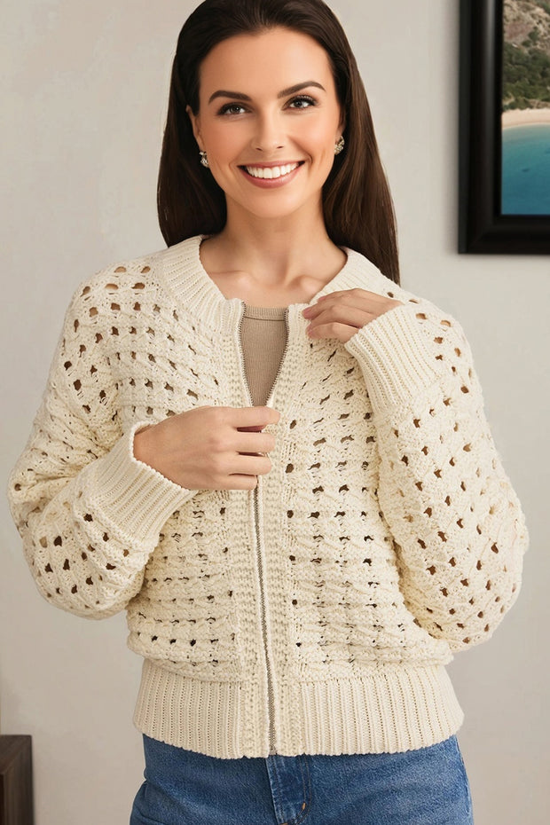 Beige Hollowed Pattern Knit Zip Up Drop Shoulder Sweater Cardigan