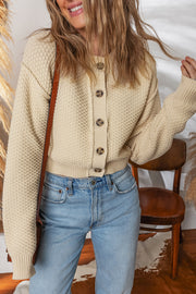 Beige Button Front Cropped Cardigan Sweater