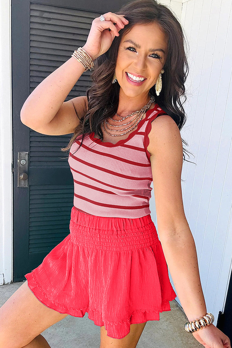 Rose Stripe Striped Scalloped Edge U Neck Sleeveless Sweater Vest