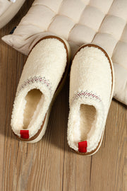 White Embroidered Sherpa Plush Thick Sole Winter Slippers