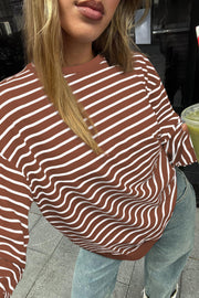 Coffee Striped Long Sleeve Round Neck Loose Top