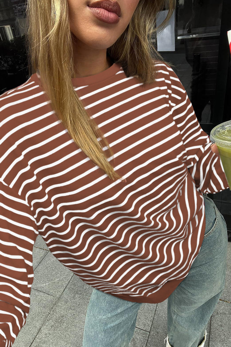 Coffee Striped Long Sleeve Round Neck Loose Top