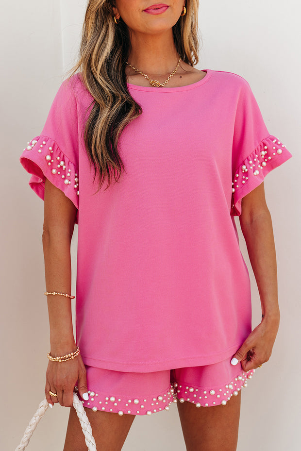 Bright Pink Textured Pearled Ruffle Sleeve Top 2 Piece Shorts Set