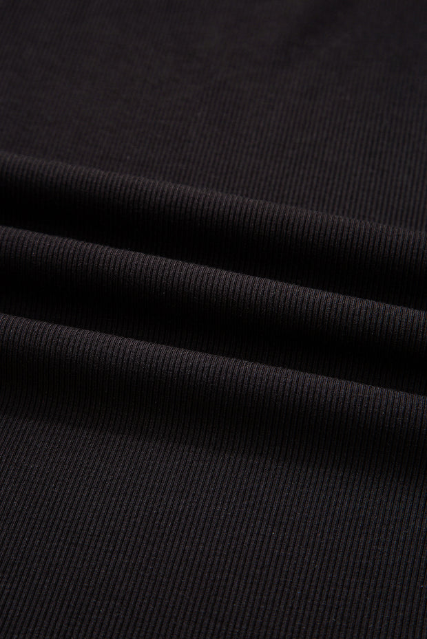 Black Polka Dot Mesh Puff Sleeve Patchwork Ribbed Square Neck Slim Top