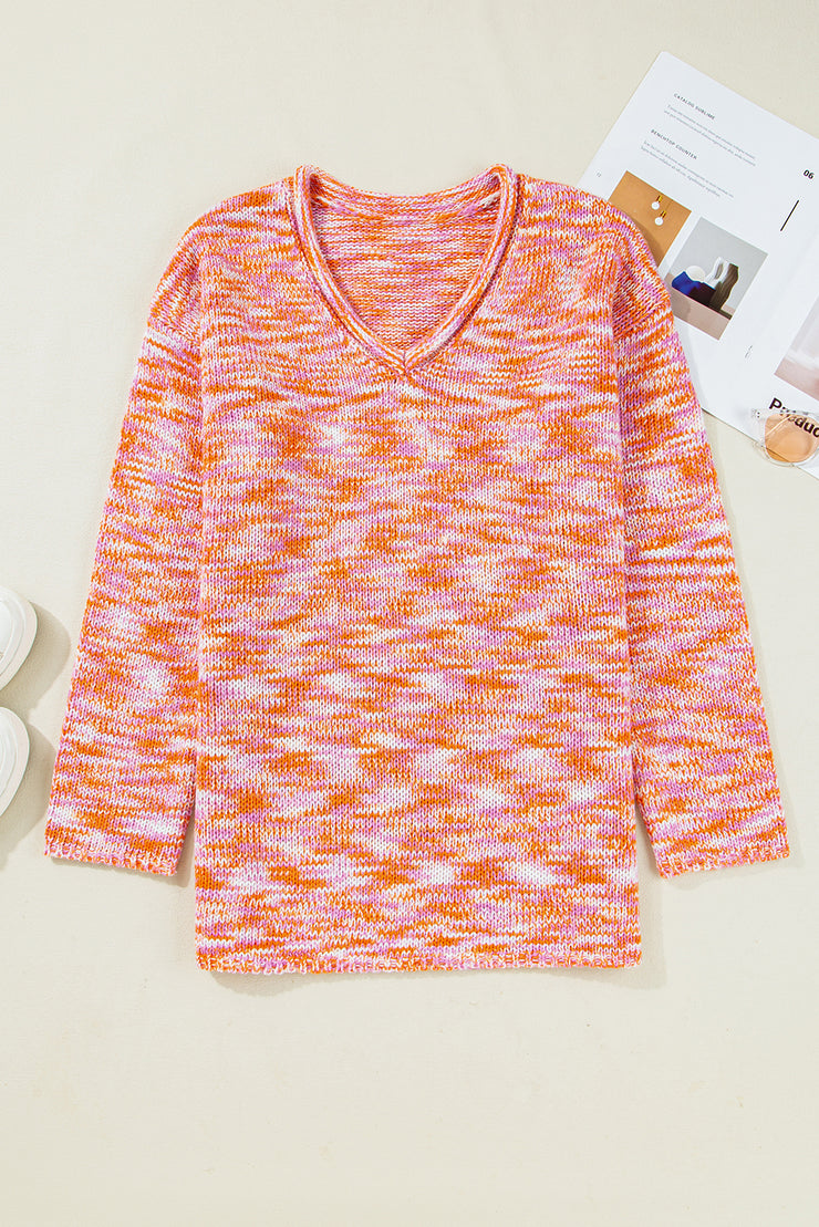 Orange Vibrant Abstract Print Drop Shoulder V Neck Tunic Oversized Sweater