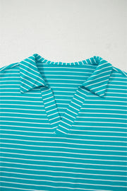 Sky Blue Stripe V Neck Tee and Casual Short Set