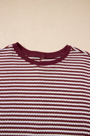 Red Stripe Ribbed Trim Drop Shoulder Long Sleeve Oversize Top