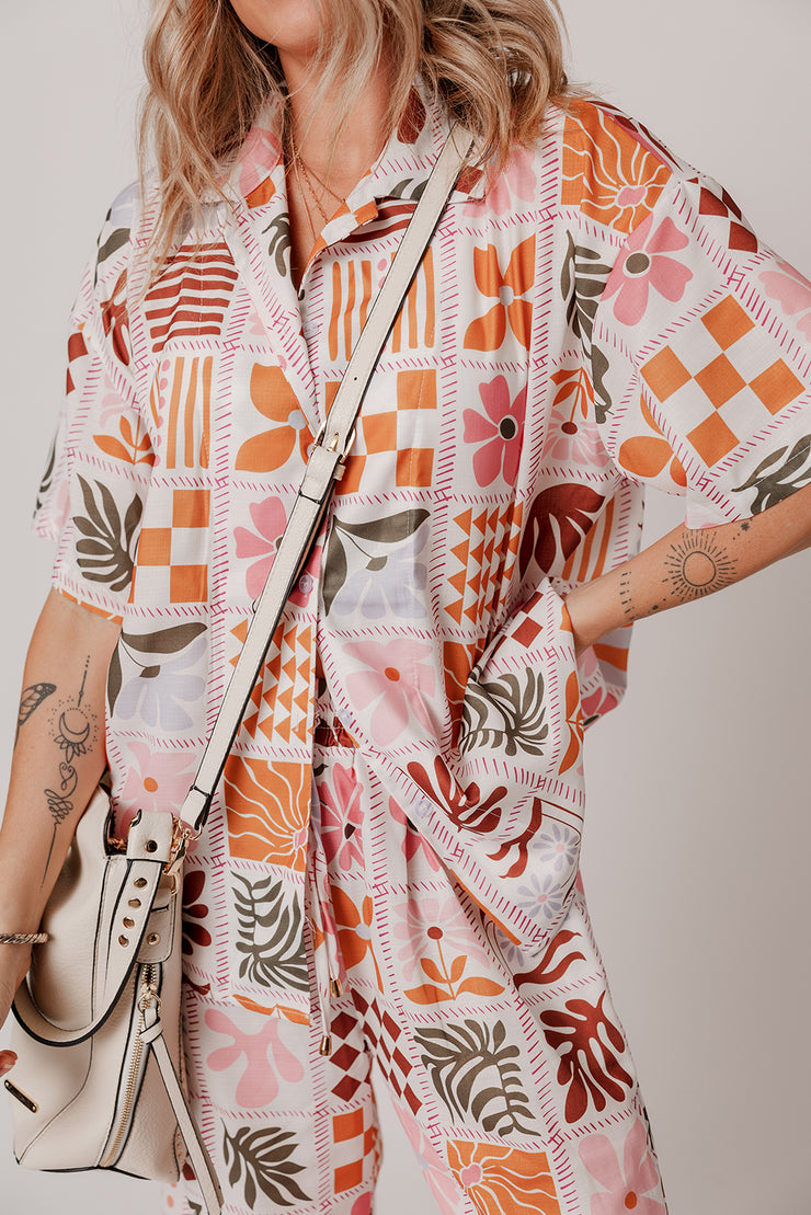 Orange Plant Checkered Print Collared Shirt and Wide Leg Pants Set