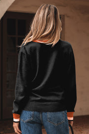 Black Contrast Striped Trim V Neck Varsity Sweater